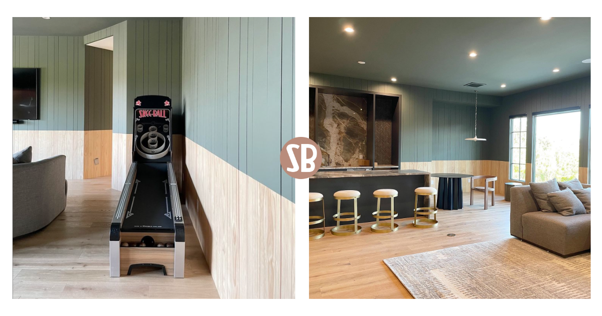 A side-by-side image showing how a Skee-Ball Home Alley machine can fit into your modern living room