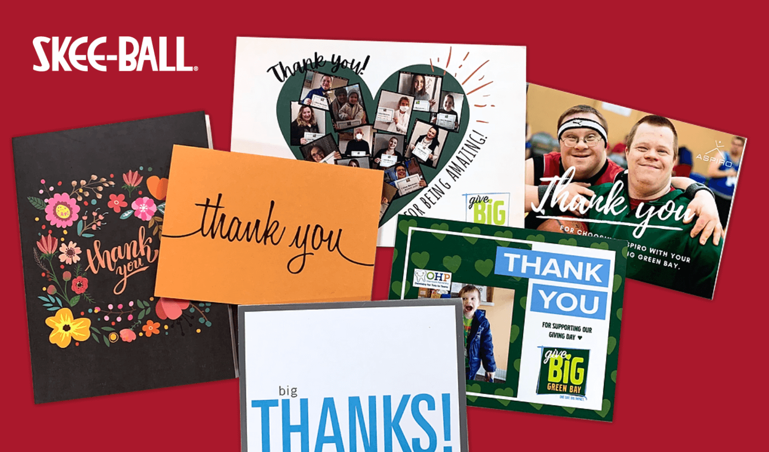 A series of thank you cards showing off the charities Skee-Ball gives back
