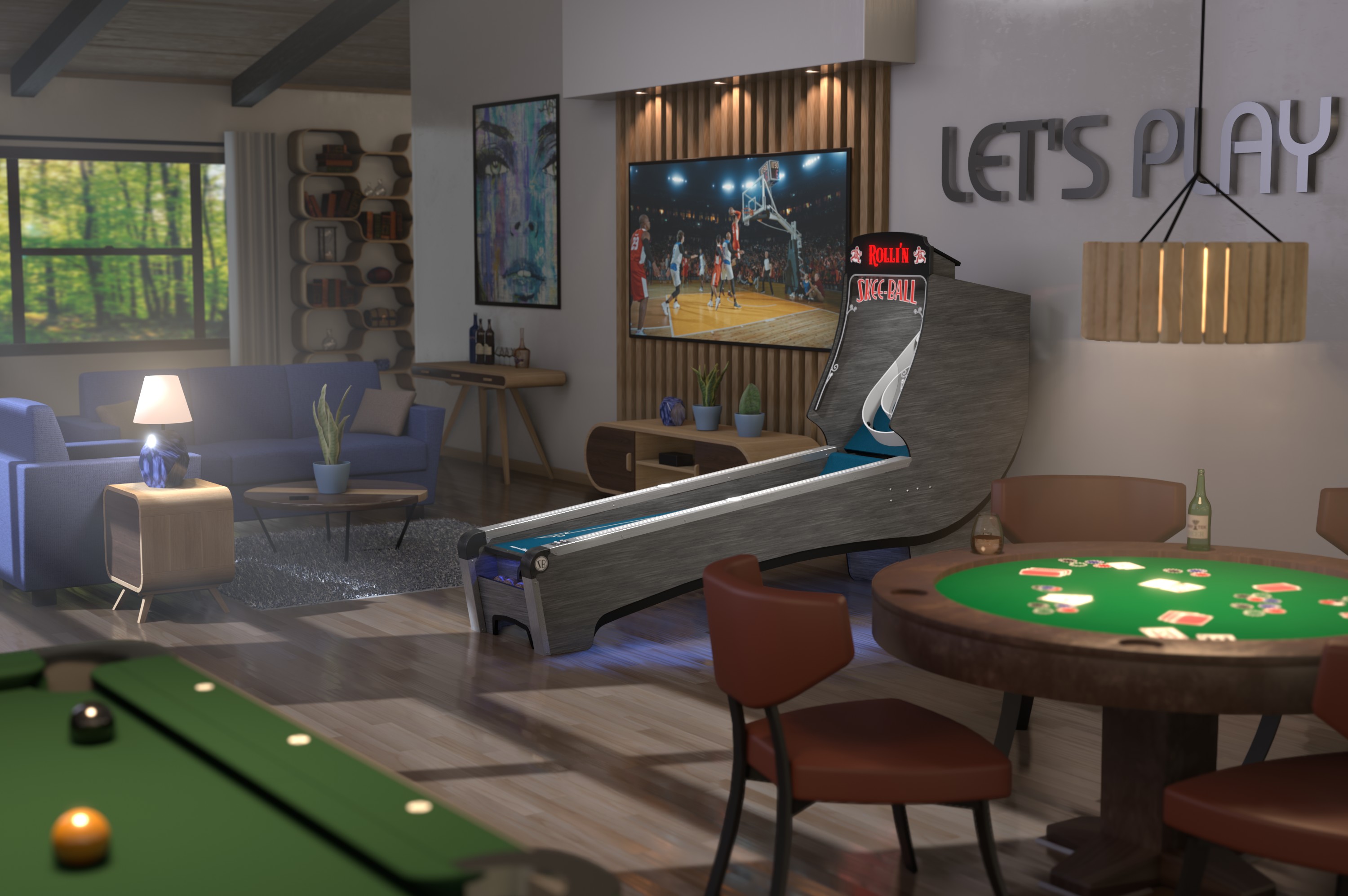 An entertainment space featuring a Skee-Ball Home Alley Machine