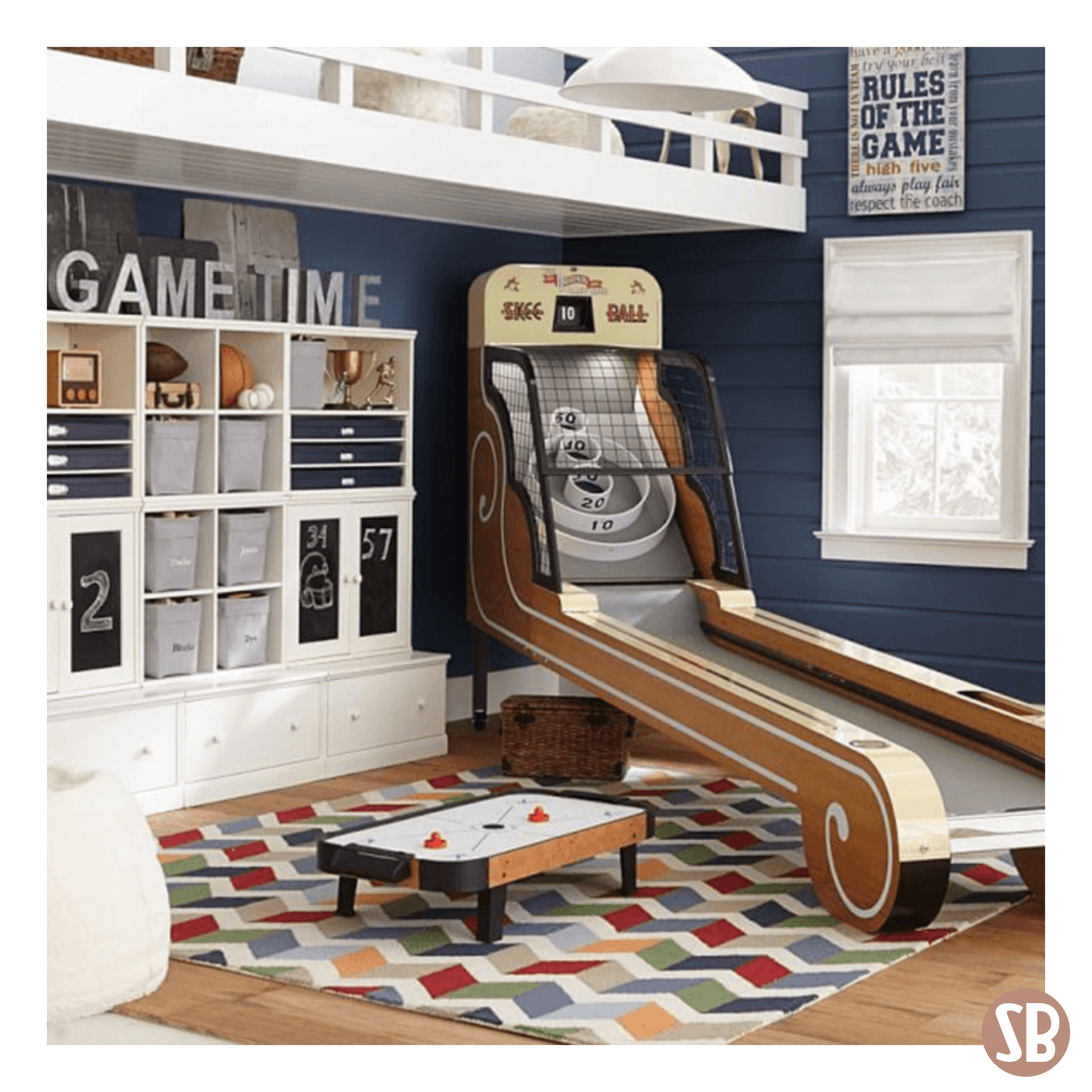 A classic Skee-Ball Home Alley machine in a multi-purpose room