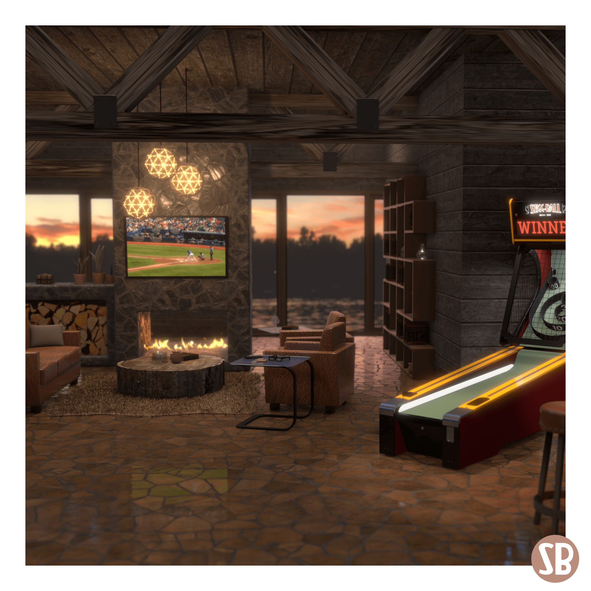 A Skee-Ball Home Alley machine in a cozy cabin with a fireplace 